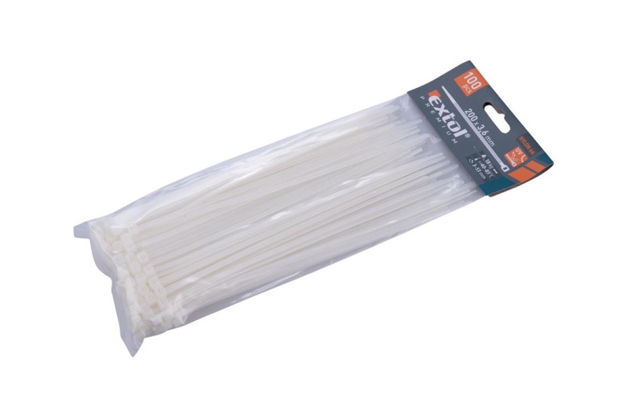 Pásky stahovací na kabely bílé, 200x3,6mm, 100ks, nylon PA66 (8856106) EXTOL PREMIUM