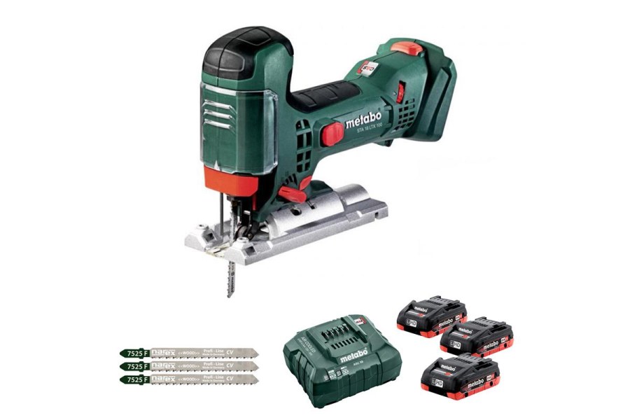 Aku přímočará pila STA 18 LTX 100 METABO + 3 akumulátory LiHD 4.0 Ah s&nbsp;nabíječkou + 3 plátky NAREX